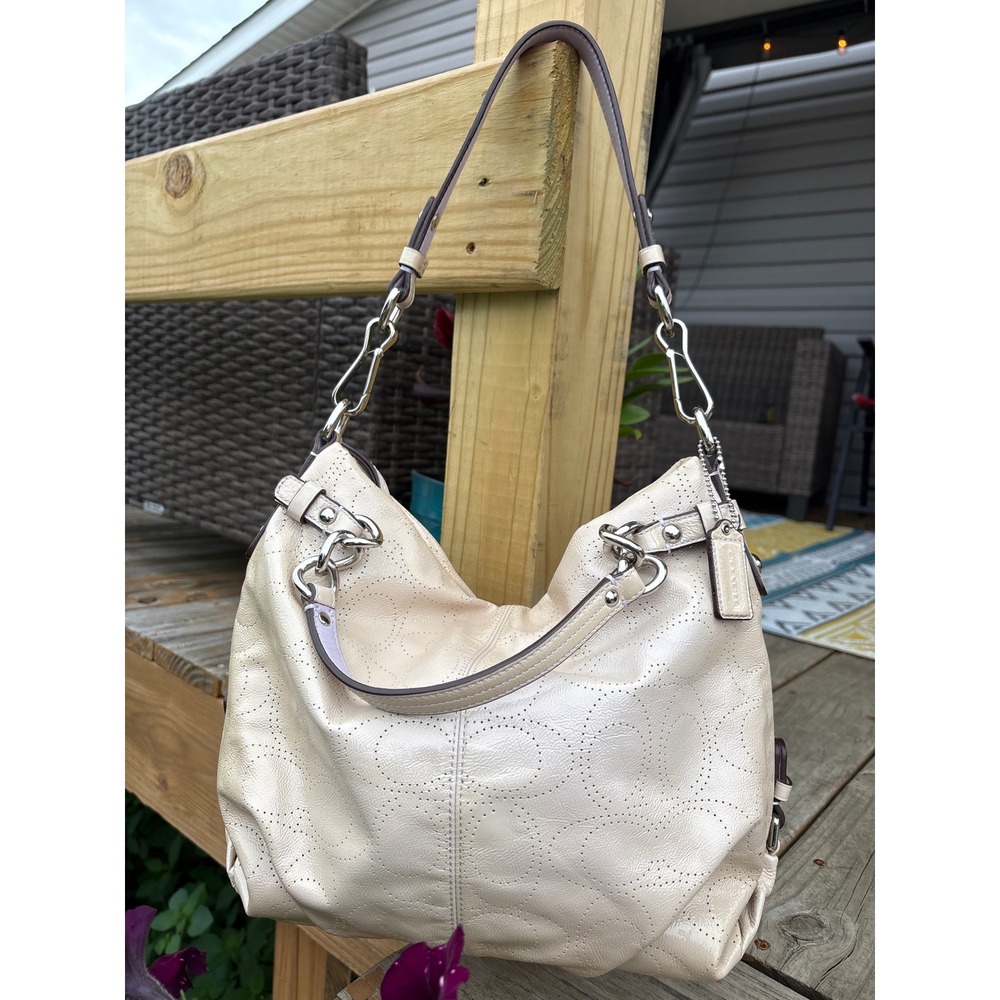 Coach Madison Laser Cut Op Art Sophia Satchel Champagne Patent Leather F17123